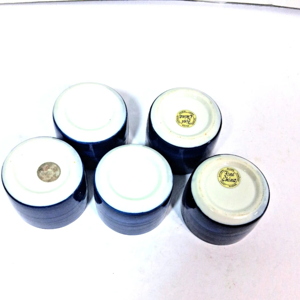 Set Of 5 Japan National Silver Company Etched Blue & White Saki/Tea Cups.